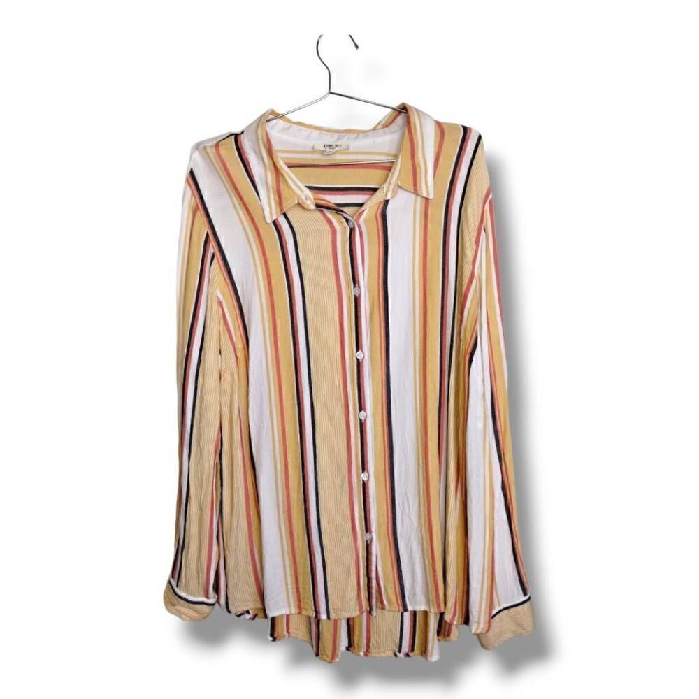 COMO Blue Womens Blouse Sz 2X Yellow/Multi Striped ButtonUp Top Shirt